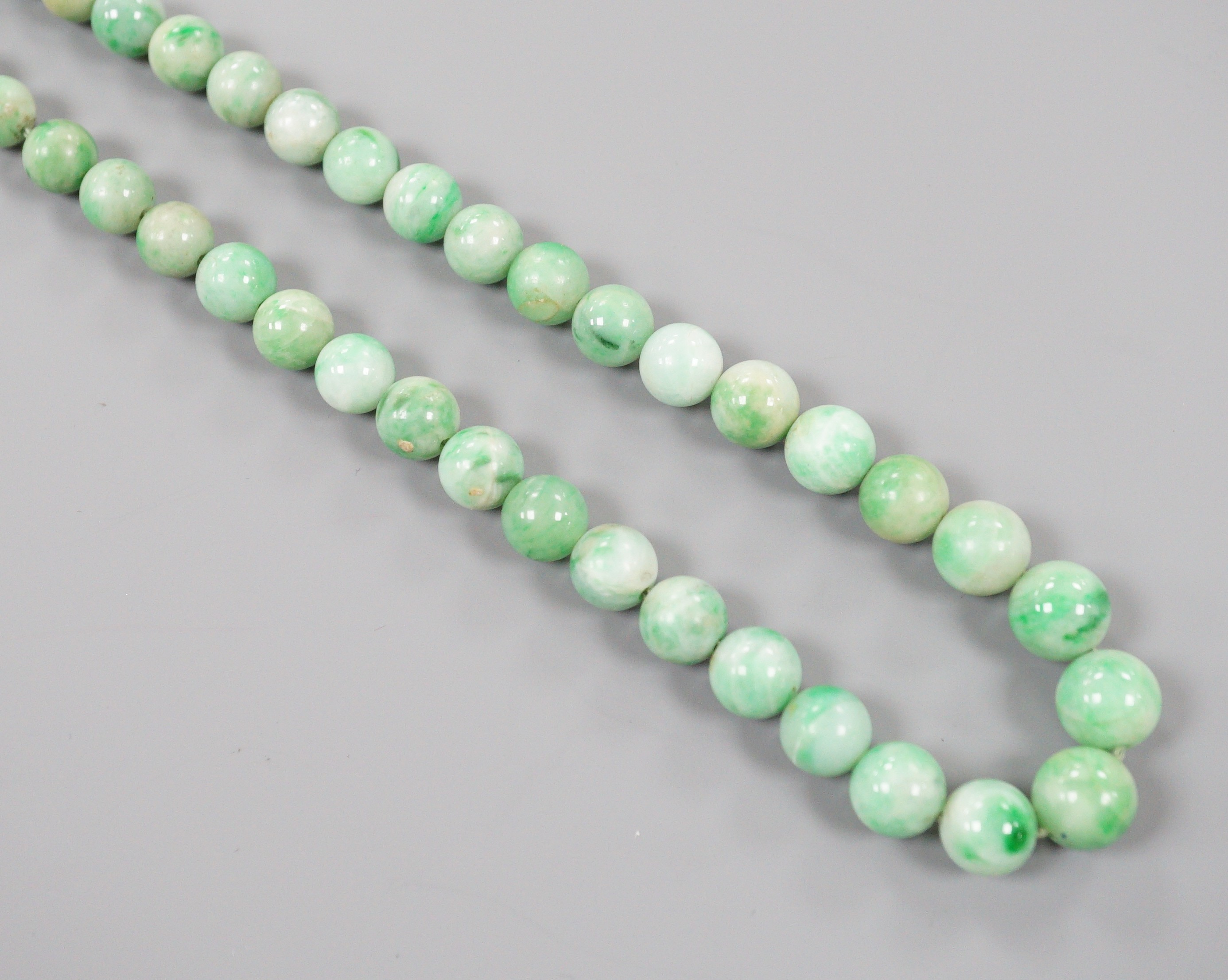 A single strand graduated circular jade bead necklace, with 9ct clasp, 66cm.